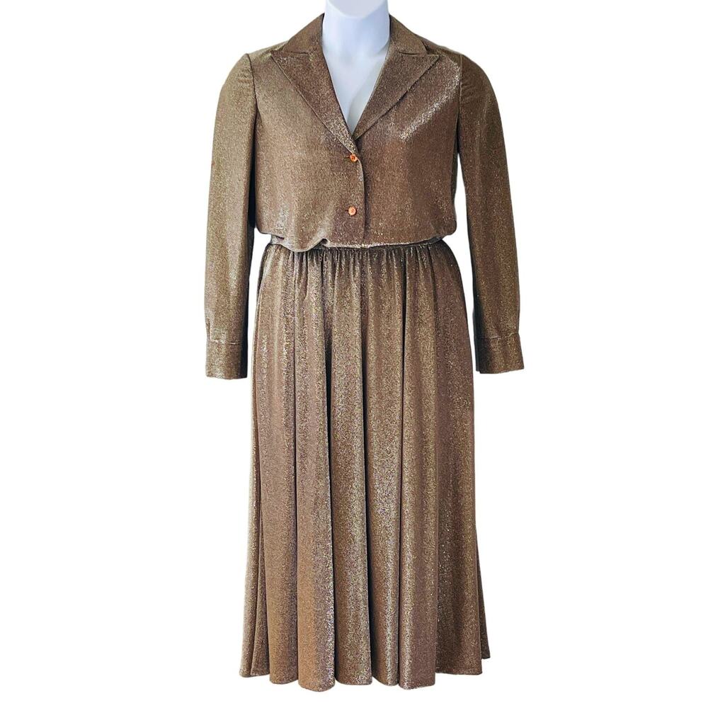 VINTAGE 70s Hand Made Metallic Jersey 2 Piece Dress Size Medium